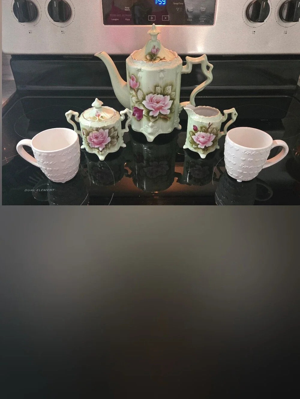 Vintage Lefton Green Heritage Porcelain Tea Set with Handpainted Pink Roses